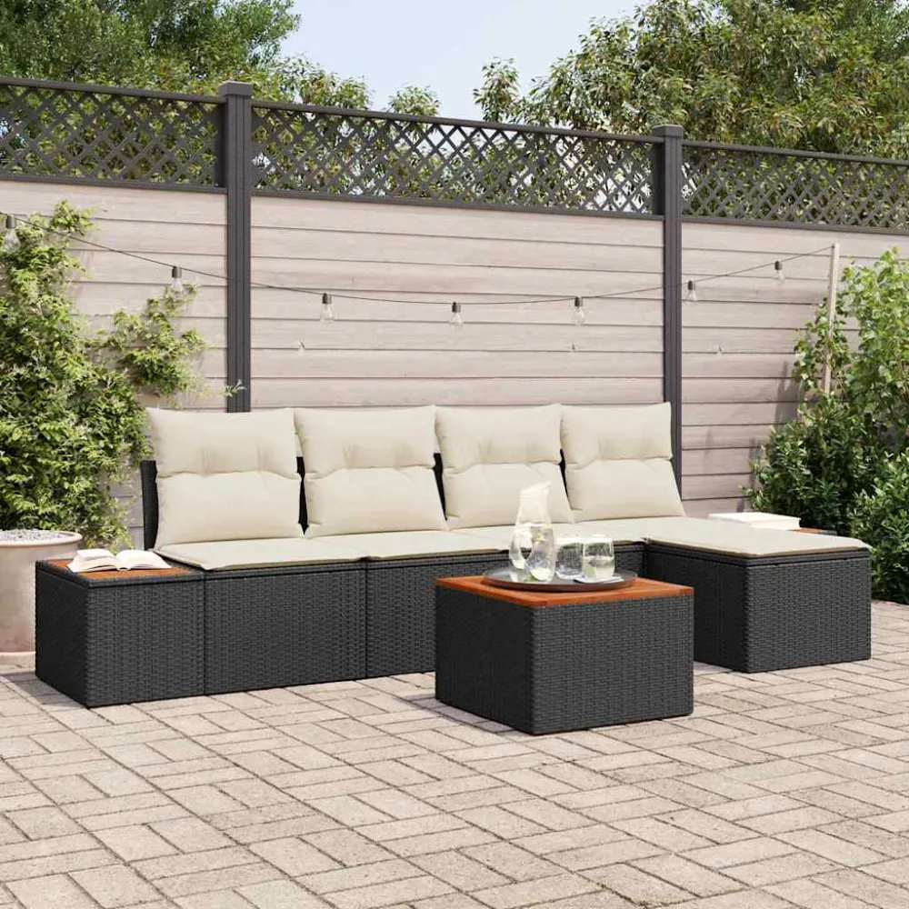 Tuinbankenset met kussen 6 pcs Zwart Poly riet vidaXL
