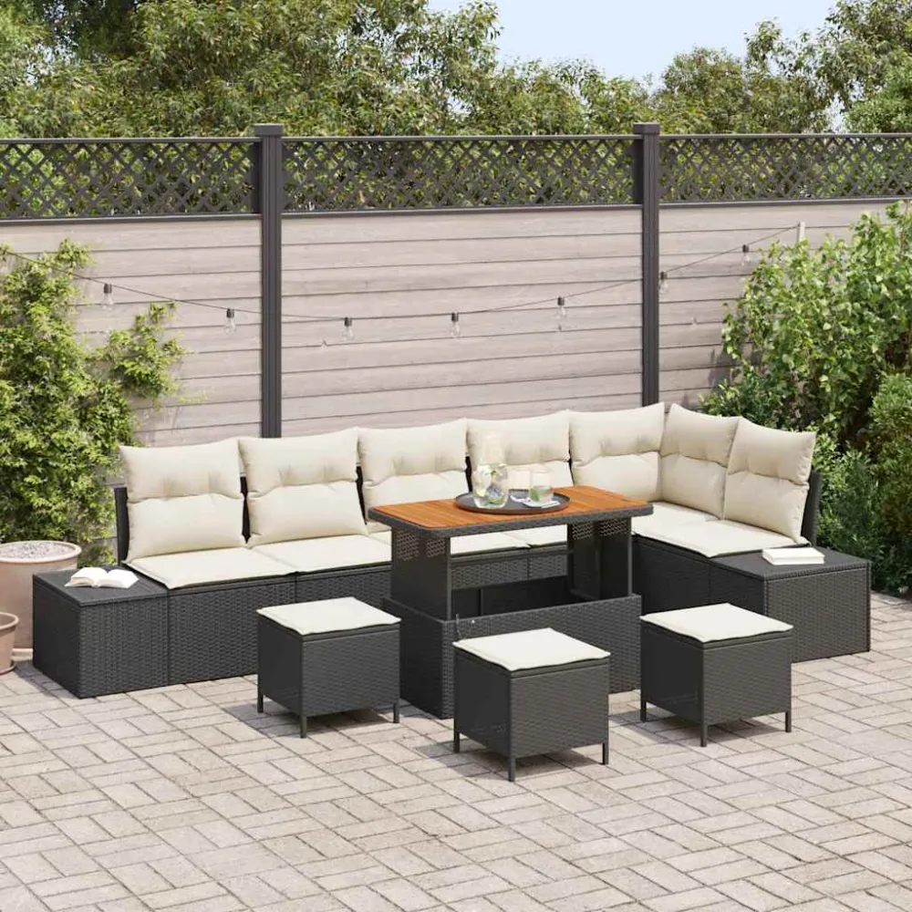 Tuinbankenset met kussen 10 pcs Zwart poly rattan vidaXL