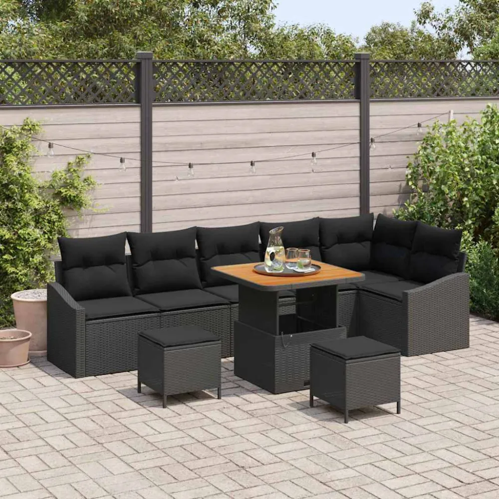 Tuinbankenset met kussen 9 pcs Zwart poly rattan vidaXL