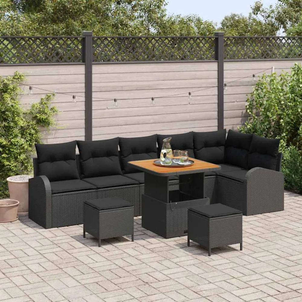 Tuinbankenset met kussen 9 pcs Zwart poly rattan vidaXL