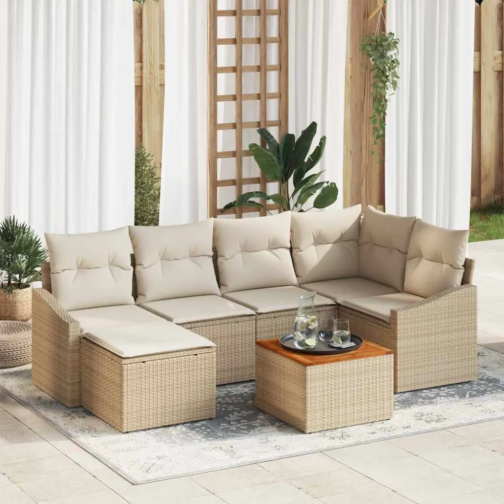Tuinbankenset met opslag 7 pcs Beige en Crème poly rattan vidaXL