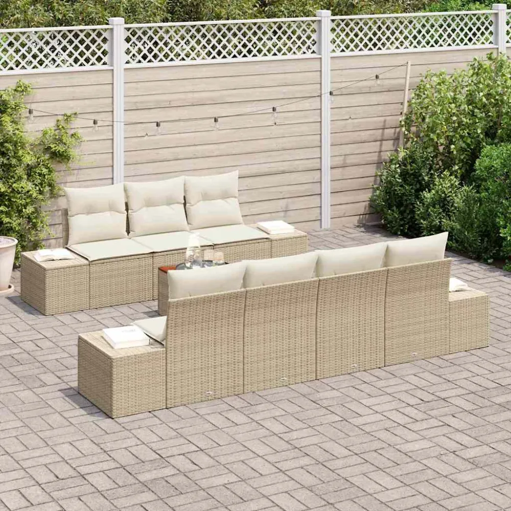 Tuinbankenset met opslag 8 pcs Beige en Crème poly rattan vidaXL
