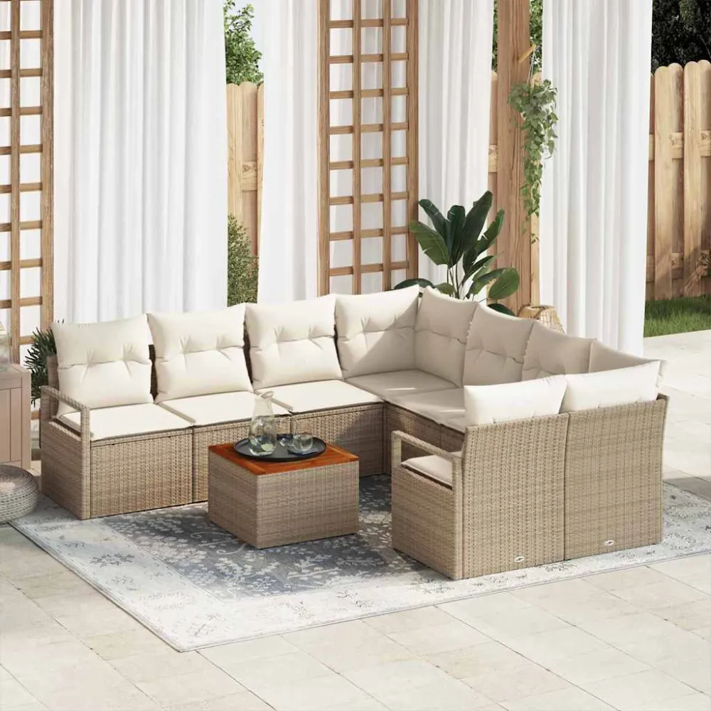 Tuinbankenset met opslag 9 pcs Beige en Crème poly rattan vidaXL