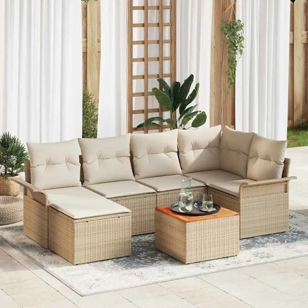Tuinbankenset met opslag 7 pcs Beige en Crème poly rattan vidaXL