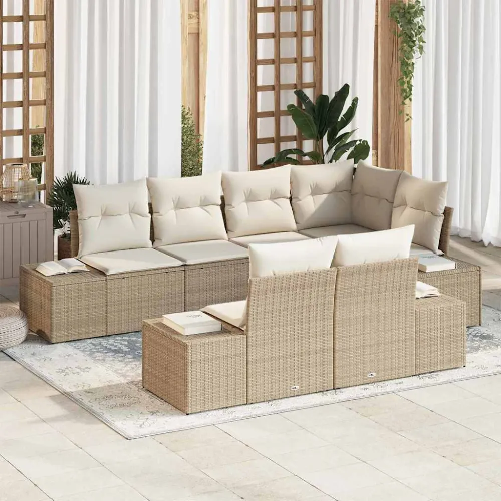 Tuinbankenset met opslag 7 pcs Beige en Crème poly rattan vidaXL