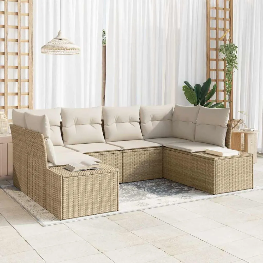 Tuinbankenset met opslag 6 pcs Beige en Crème Poly riet vidaXL
