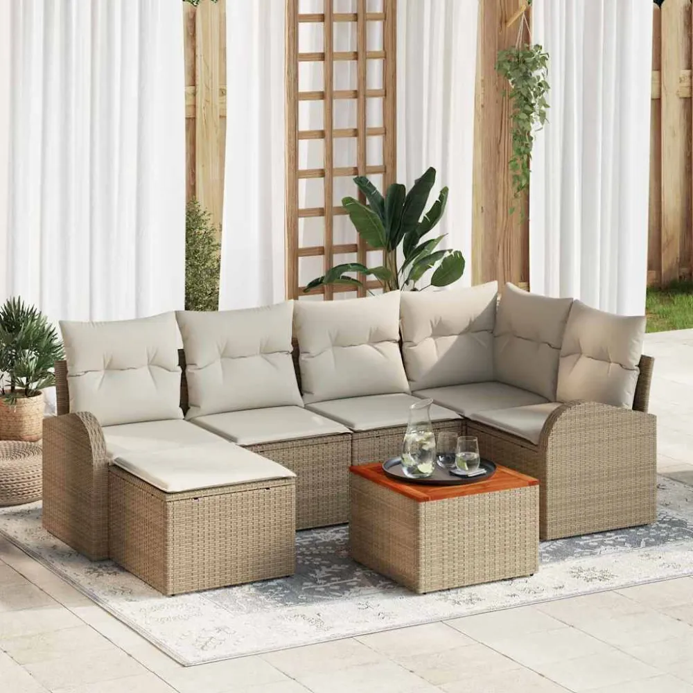Tuinbankenset met opslag 7 pcs Beige en Crème poly rattan vidaXL