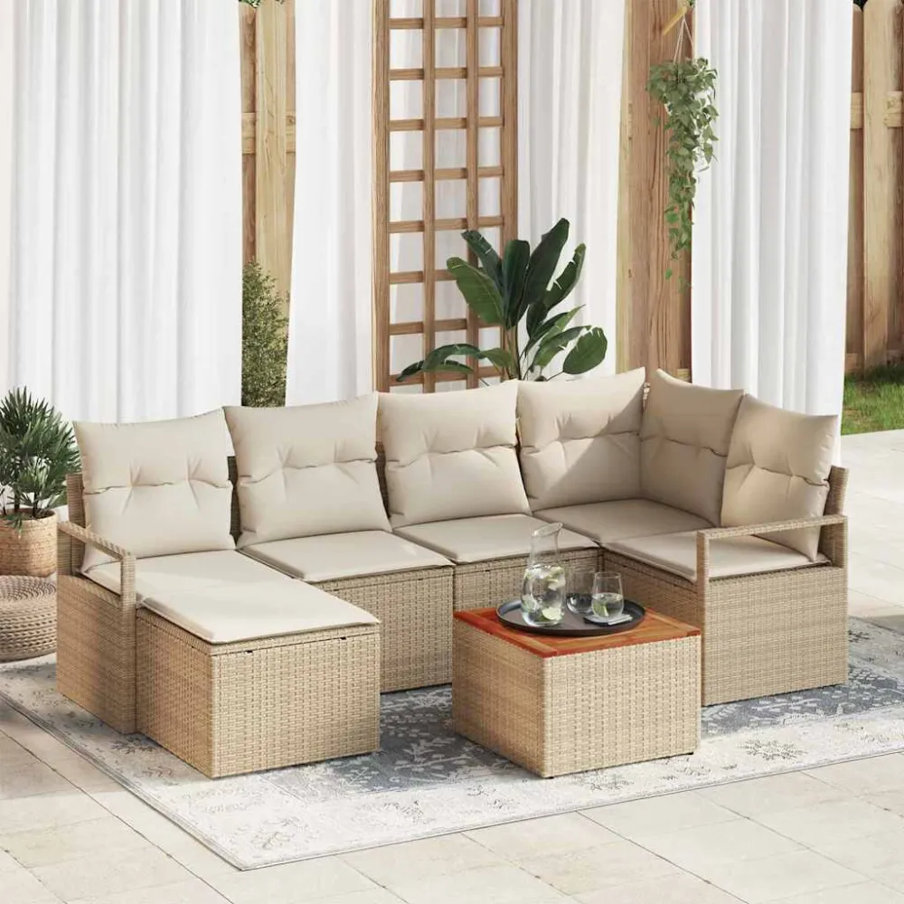 Tuinbankenset met opslag 7 pcs Beige en Crème poly rattan vidaXL