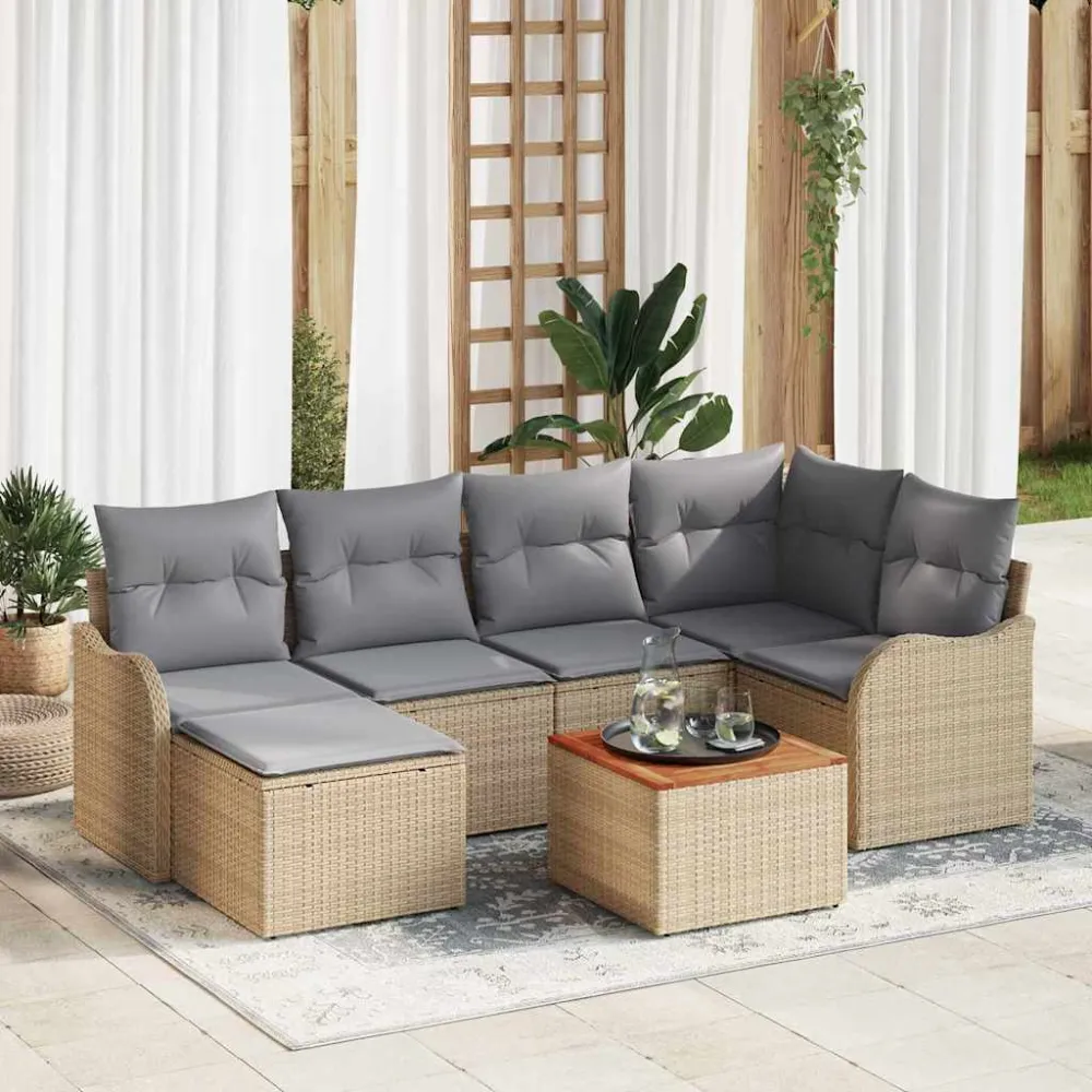 Tuinbankenset met opslag 7 pcs Beige en Licht Grijs poly rattan vidaXL