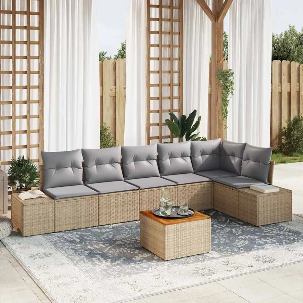 Tuinbankenset met opslag 7 pcs Beige en Licht Grijs poly rattan vidaXL
