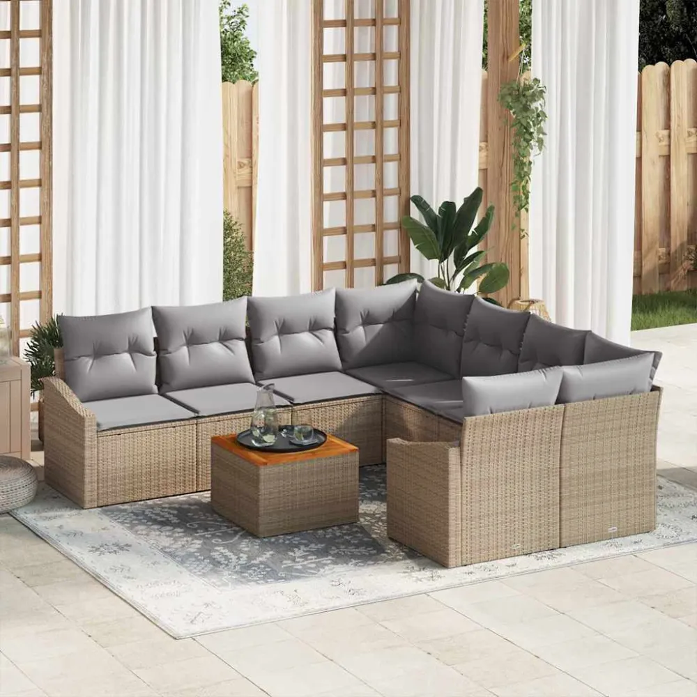 Tuinbankenset met opslag 9 pcs Beige en Licht Grijs poly rattan vidaXL