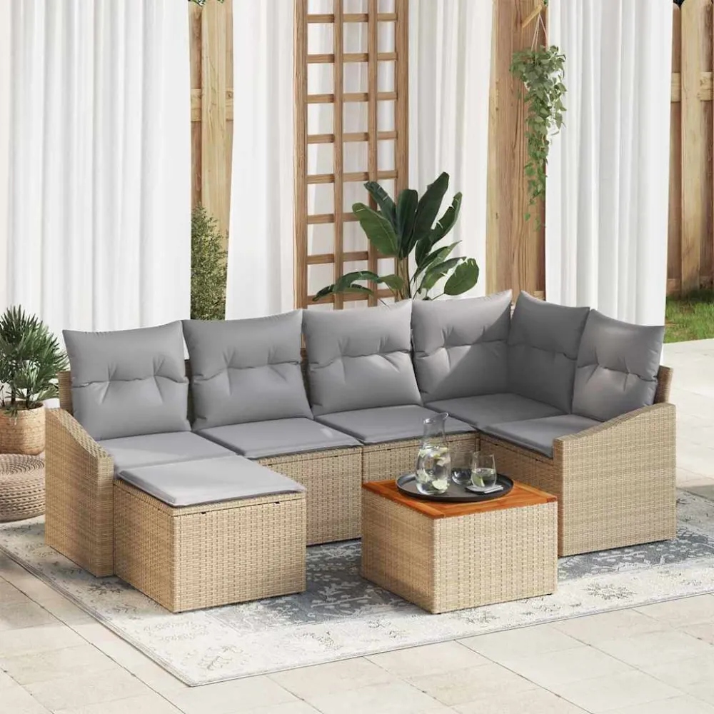 Tuinbankenset met opslag 7 pcs Beige en Licht Grijs poly rattan vidaXL