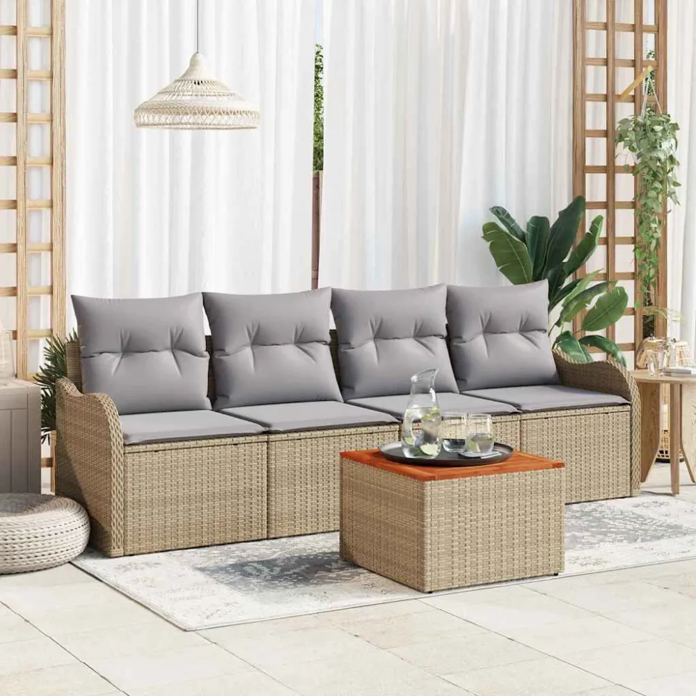 Tuinbankenset met opslag 5 pcs Beige en Licht Grijs poly rattan vidaXL