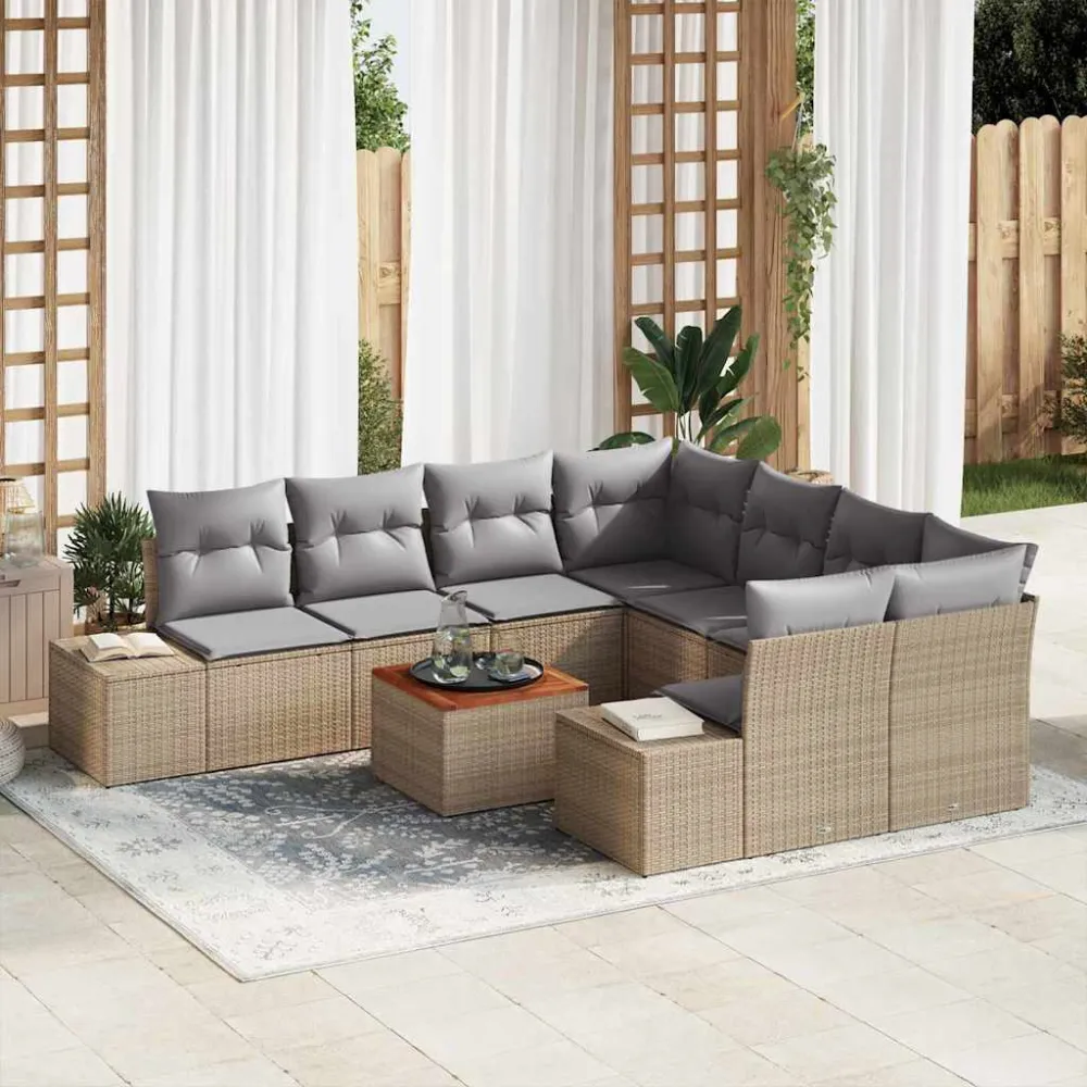 Tuinbankenset met opslag 9 pcs Beige en Licht Grijs poly rattan vidaXL