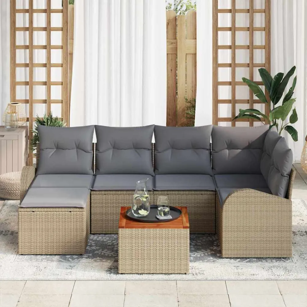 Tuinbankenset met opslag 7 pcs Beige en Licht Grijs poly rattan vidaXL