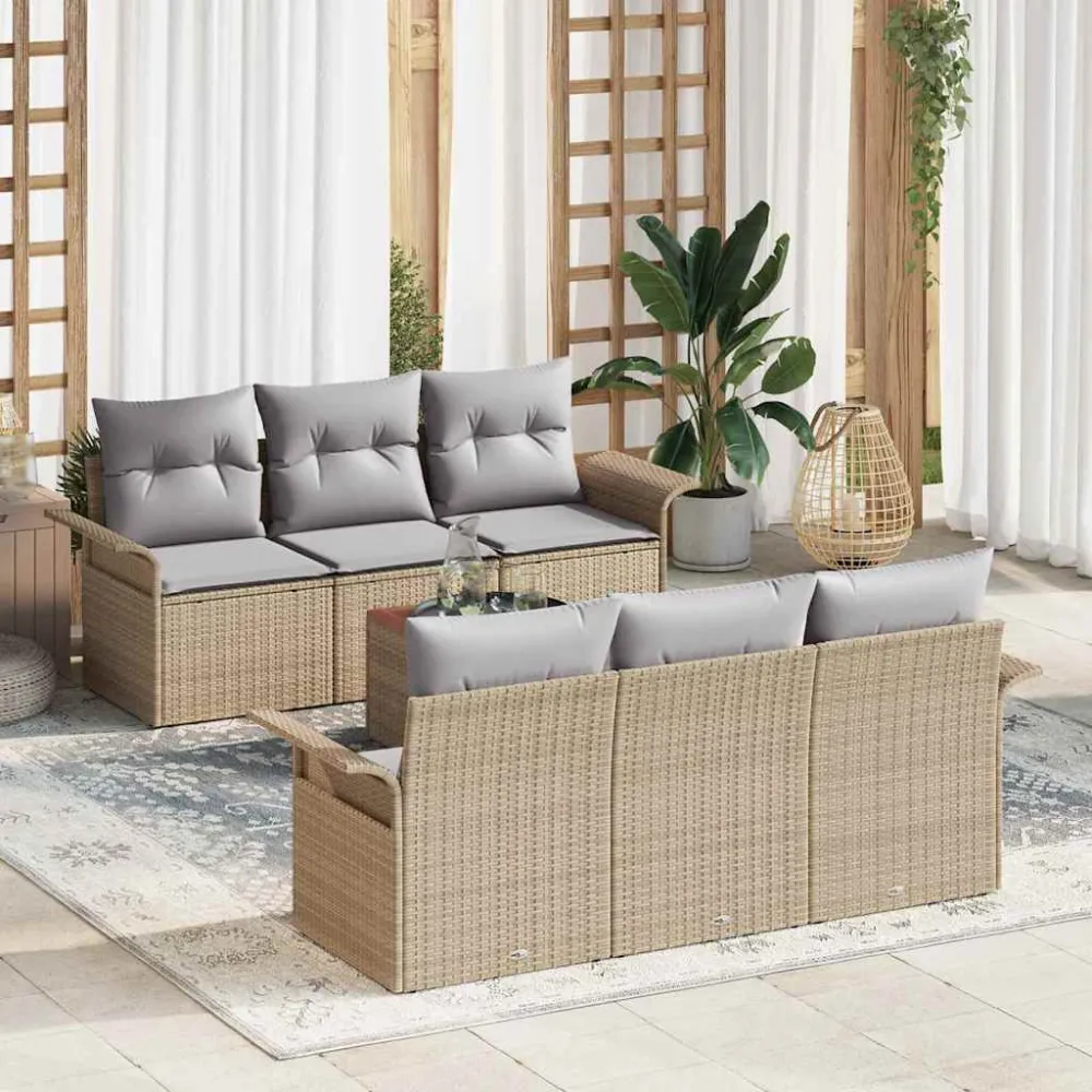 Tuinbankenset met opslag 7 pcs Beige en Licht Grijs poly rattan vidaXL