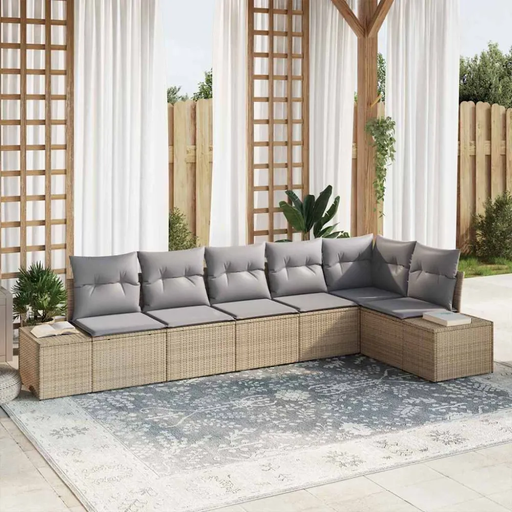 Tuinbankenset met opslag 6 pcs Beige en Licht Grijs poly rattan vidaXL