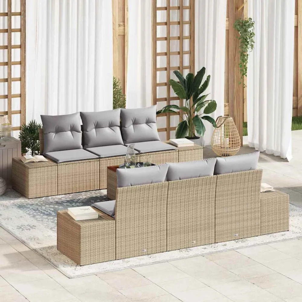 Tuinbankenset met opslag 7 pcs Beige en Licht Grijs poly rattan vidaXL