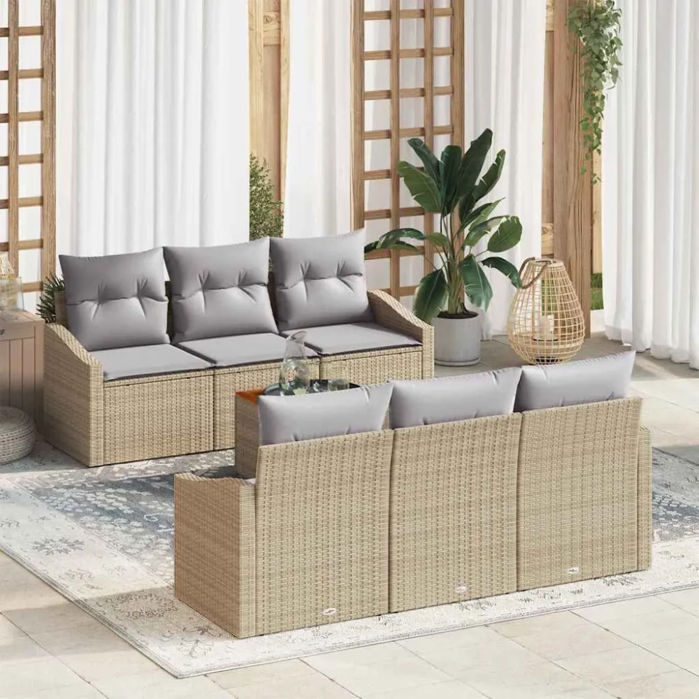 Tuinbankenset met opslag 7 pcs Beige en Licht Grijs poly rattan vidaXL