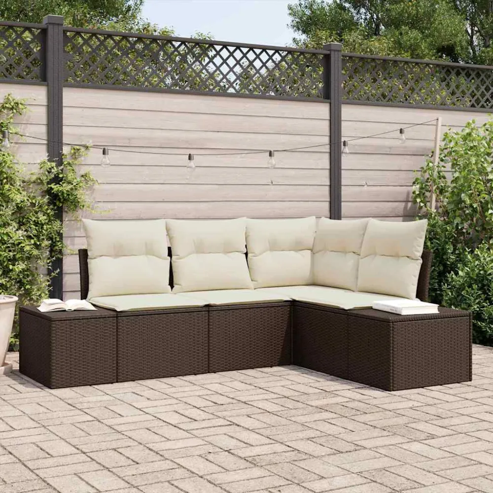 Tuinbankenset met opslag 4 pcs Bruin en Crème poly rattan vidaXL