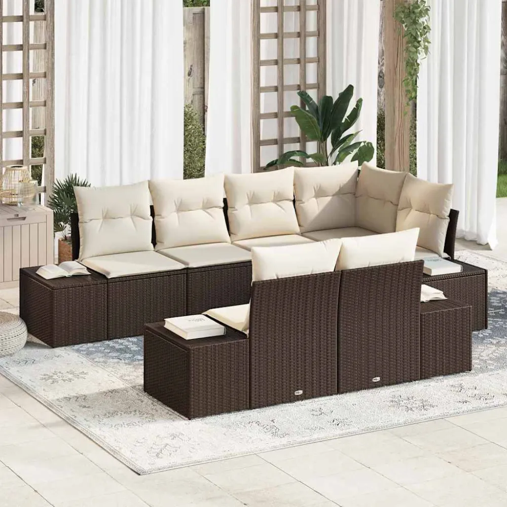 Tuinbankenset met opslag 7 pcs Bruin en Crème poly rattan vidaXL
