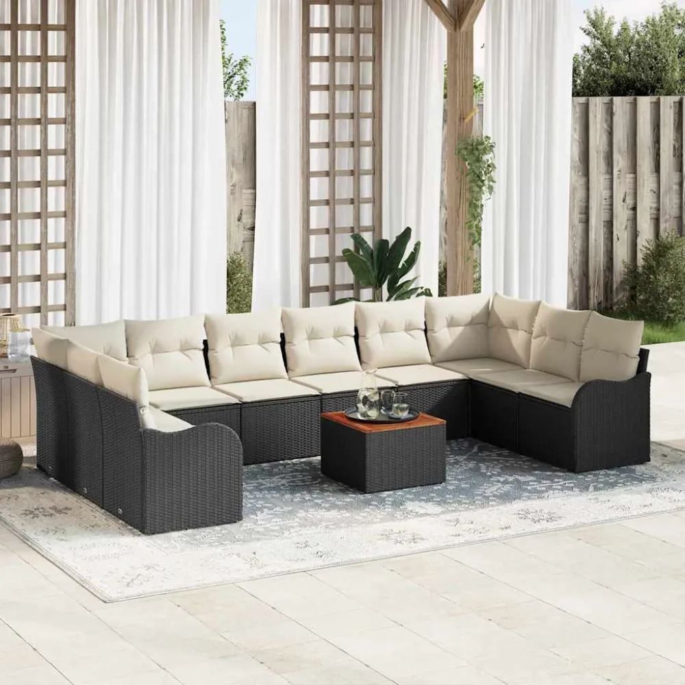 Tuinbankenset met opslag 11 pcs Zwart en Crème poly rattan vidaXL