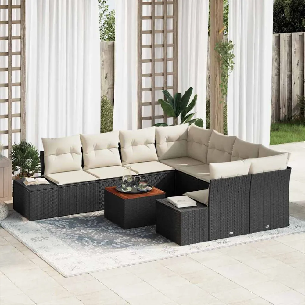 Tuinbankenset met opslag 9 pcs Zwart en Crème poly rattan vidaXL
