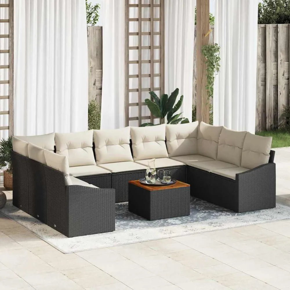 Tuinbankenset met opslag 10 pcs Zwart en Crème poly rattan vidaXL