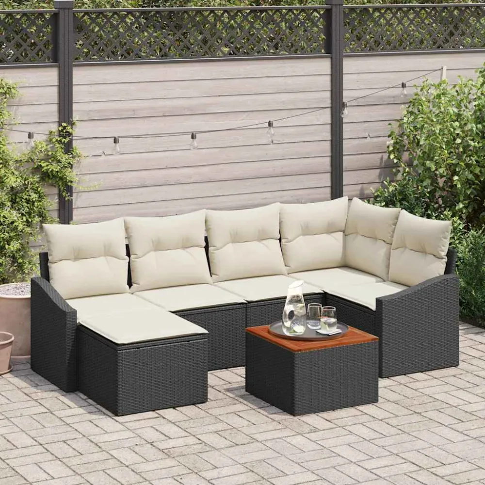 Tuinbankenset met opslag 7 pcs Zwart en Crème poly rattan vidaXL