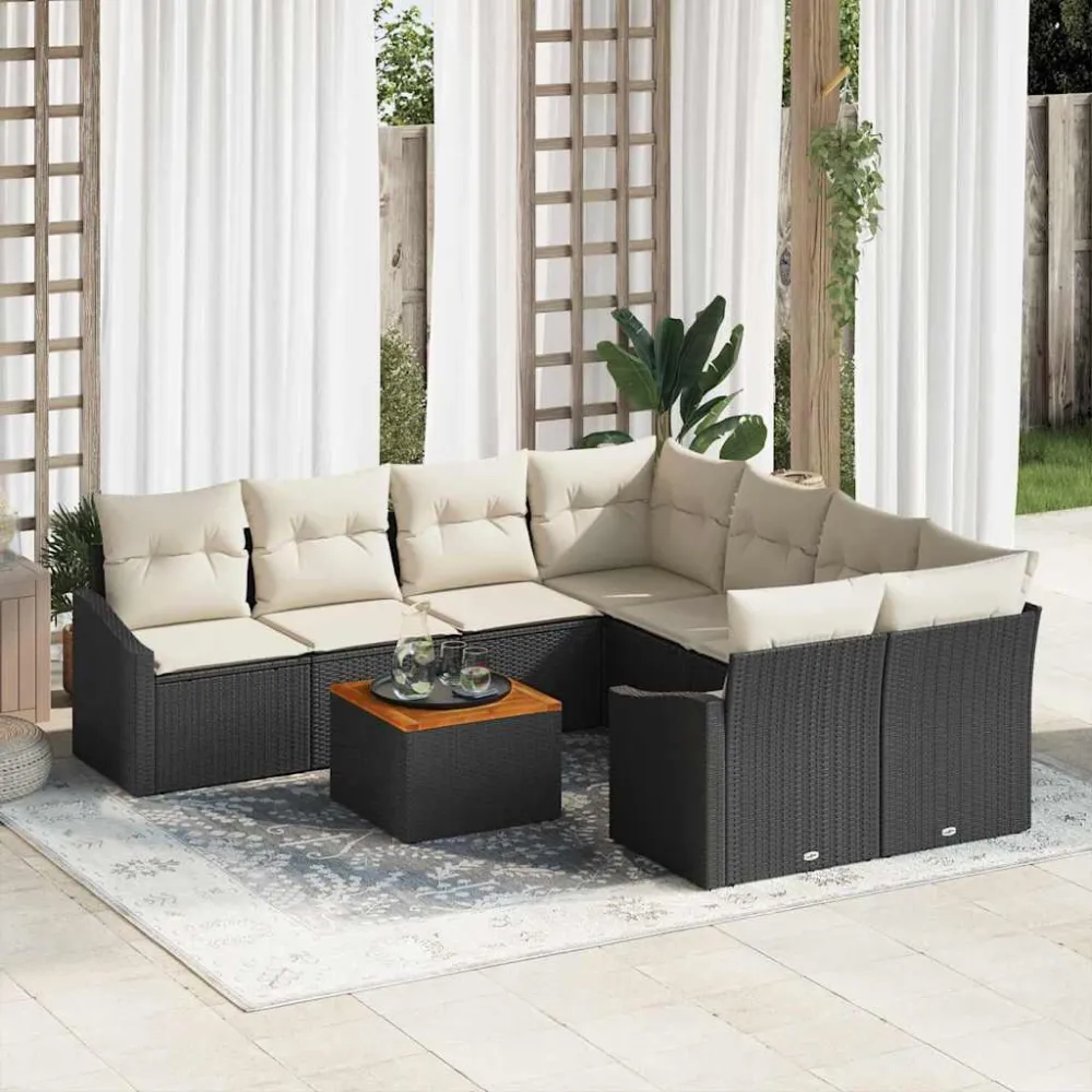 Tuinbankenset met opslag 9 pcs Zwart en Crème poly rattan vidaXL
