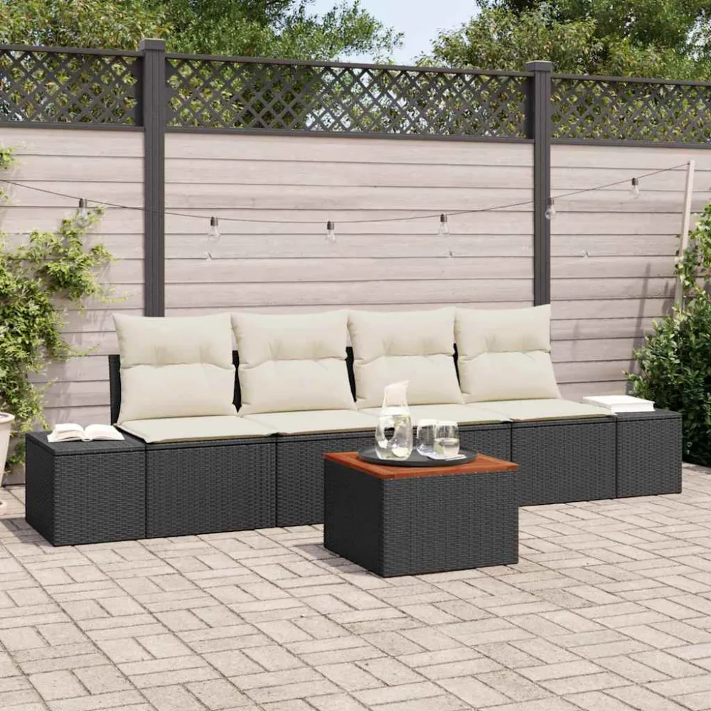 Tuinbankenset met opslag 5 pcs Zwart en Crème poly rattan vidaXL