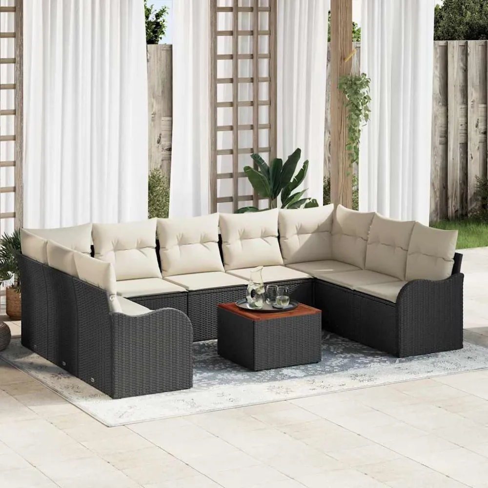 Tuinbankenset met opslag 10 pcs Zwart en Crème poly rattan vidaXL