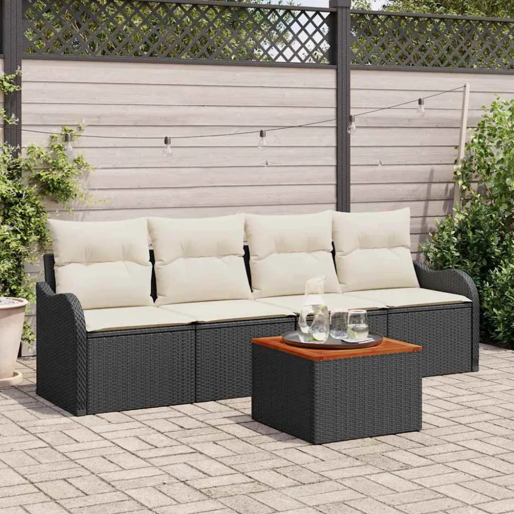 Tuinbankenset met opslag 5 pcs Zwart en Crème poly rattan vidaXL