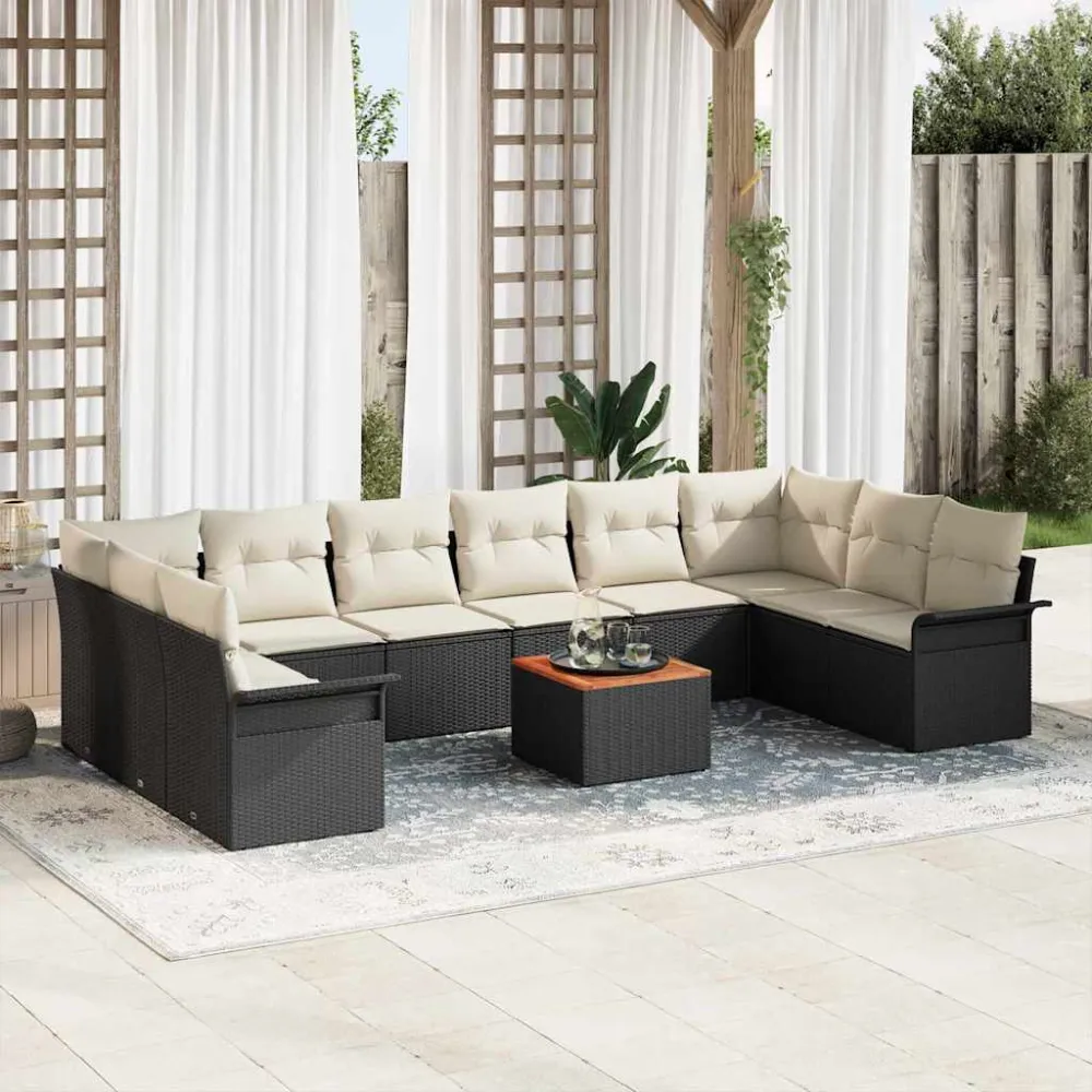 Tuinbankenset met opslag 11 pcs Zwart en Crème poly rattan vidaXL