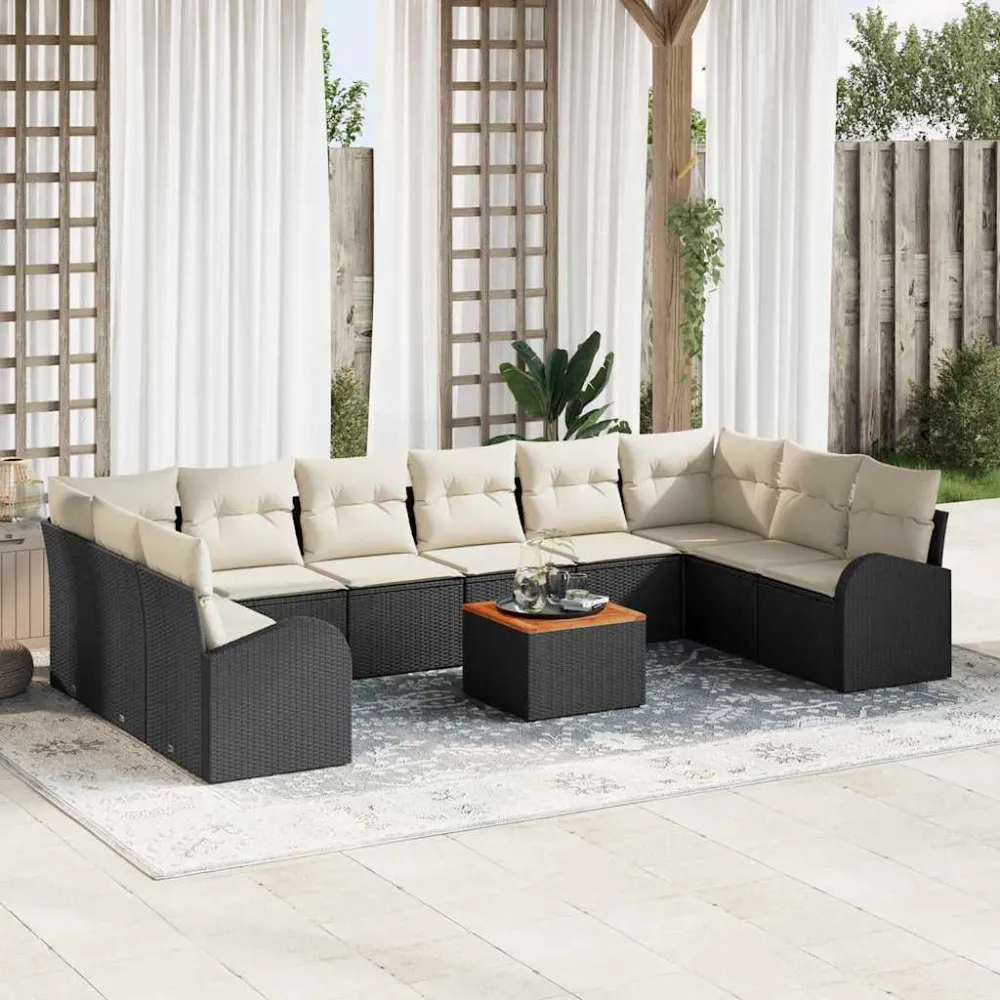 Tuinbankenset met opslag 11 pcs Zwart en Crème poly rattan vidaXL