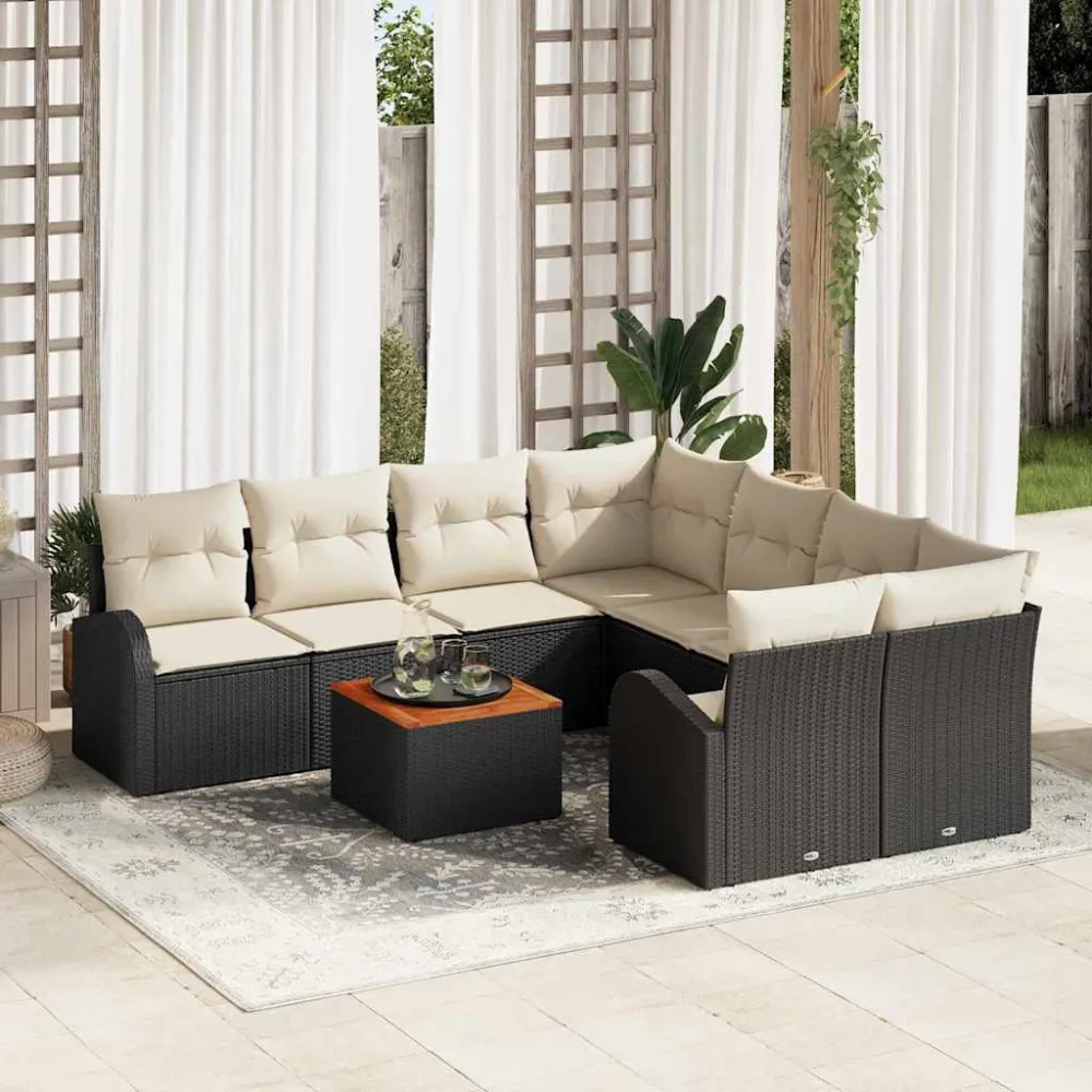 Tuinbankenset met opslag 9 pcs Zwart en Crème poly rattan vidaXL