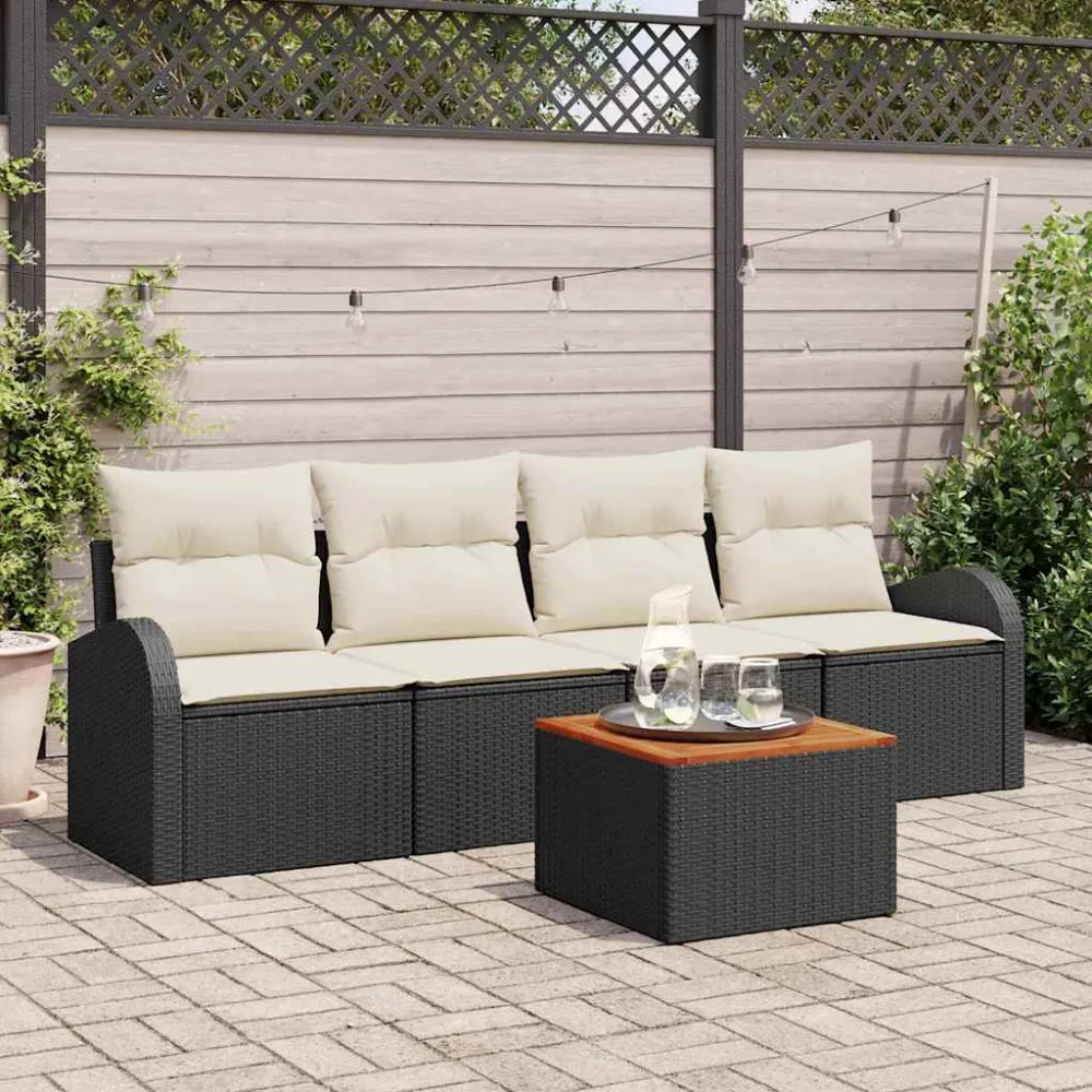 Tuinbankenset met opslag 5 pcs Zwart en Crème poly rattan vidaXL