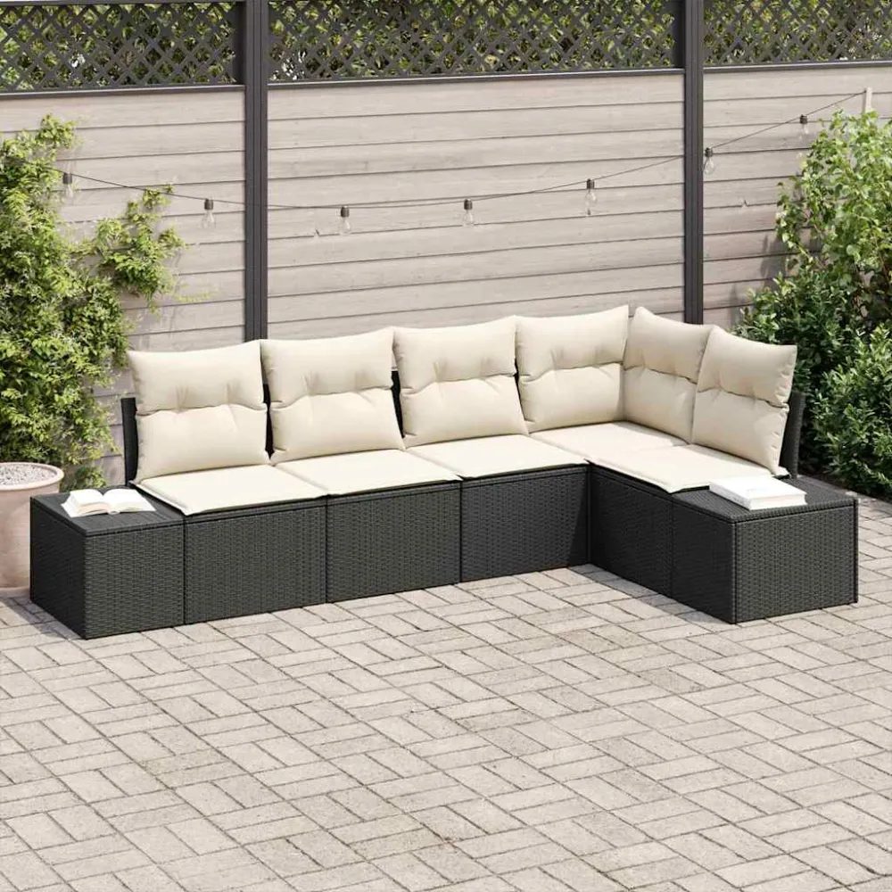 Tuinbankenset met opslag 5 pcs Zwart en Crème poly rattan vidaXL