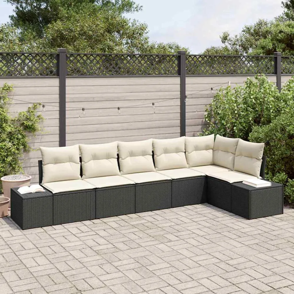 Tuinbankenset met opslag 6 pcs Zwart en Crème poly rattan vidaXL