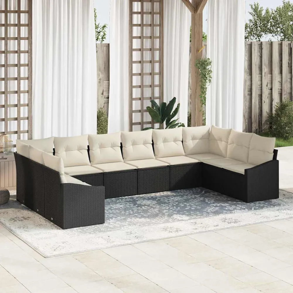 Tuinbankenset met opslag 10 pcs Zwart en Crème poly rattan vidaXL