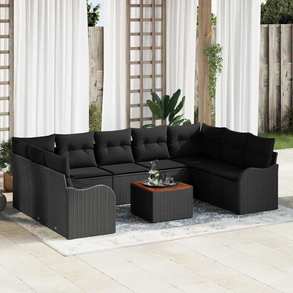Tuinbankenset met opslag 10 pcs Zwart poly rattan vidaXL