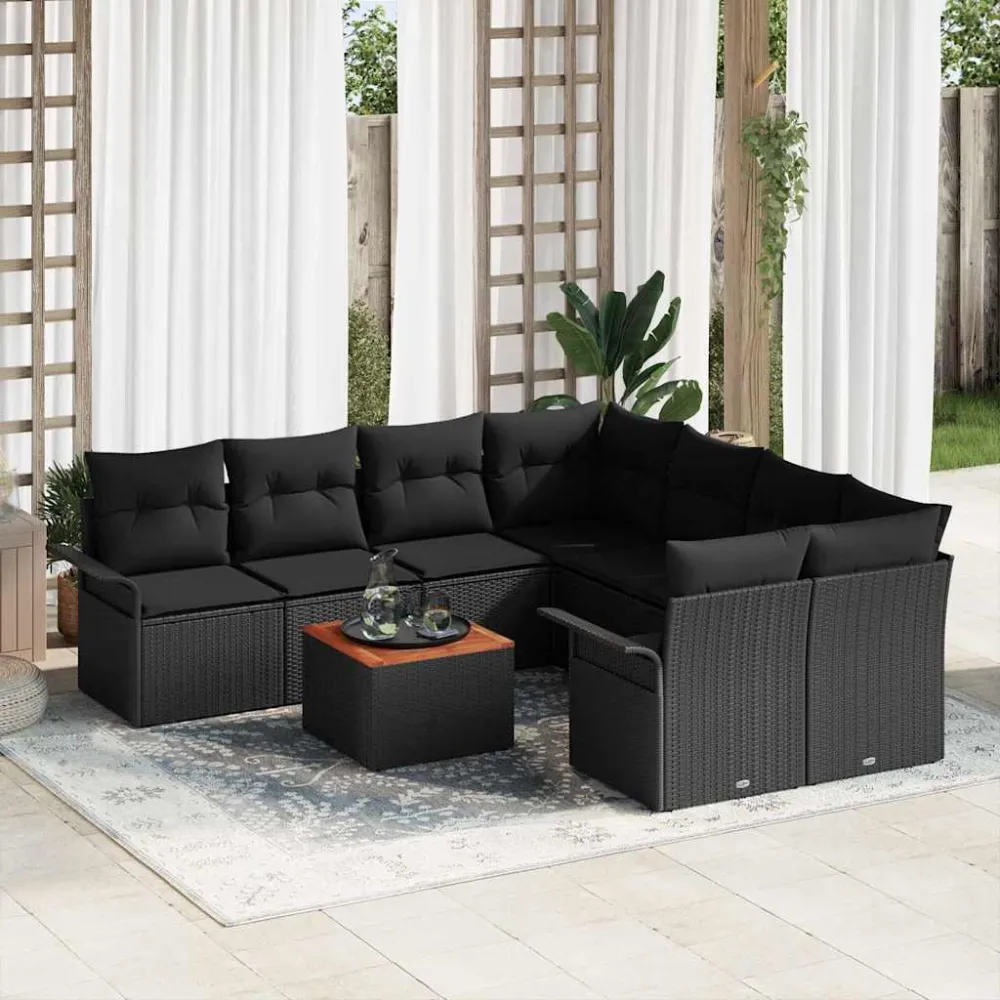 Tuinbankenset met opslag 9 pcs Zwart poly rattan vidaXL