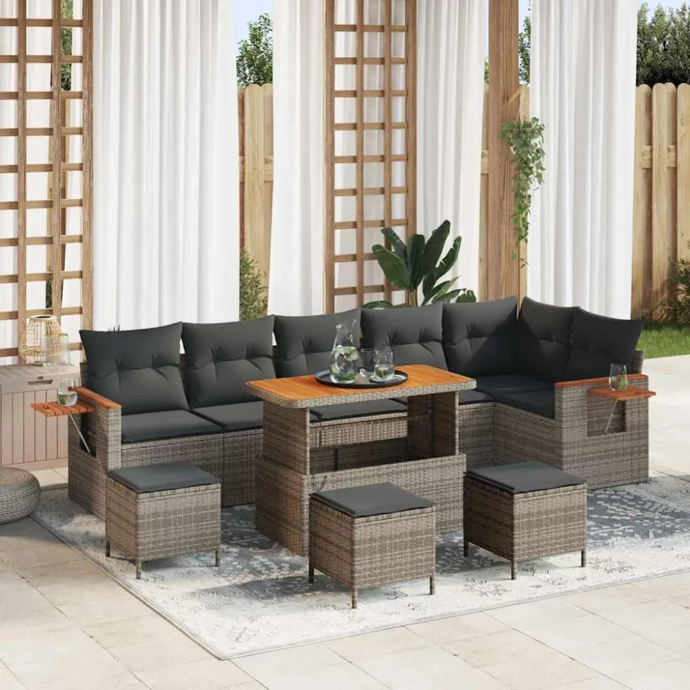 Tuinbankenset 10 pcs Grijs Poly rattan en gepoedercoat staal vidaXL