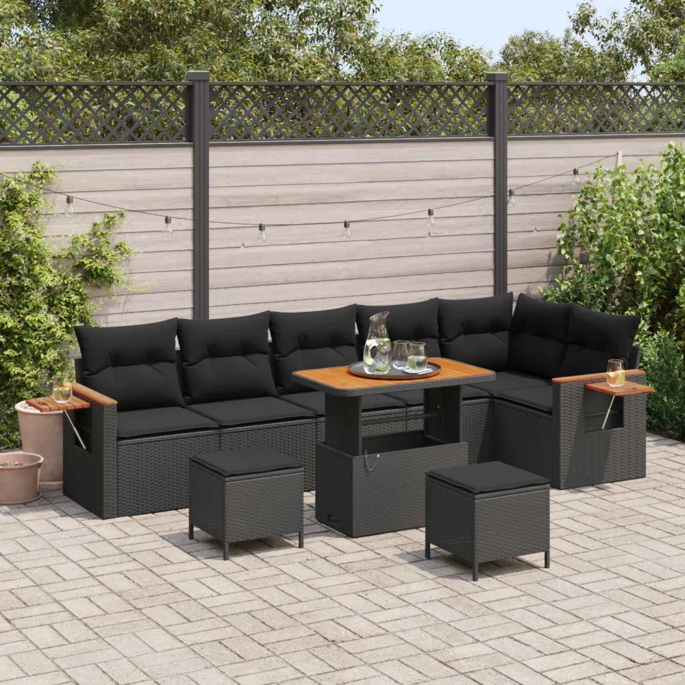 Tuinbankenset 9 pcs Zwart Poly rattan en gepoedercoat staal vidaXL