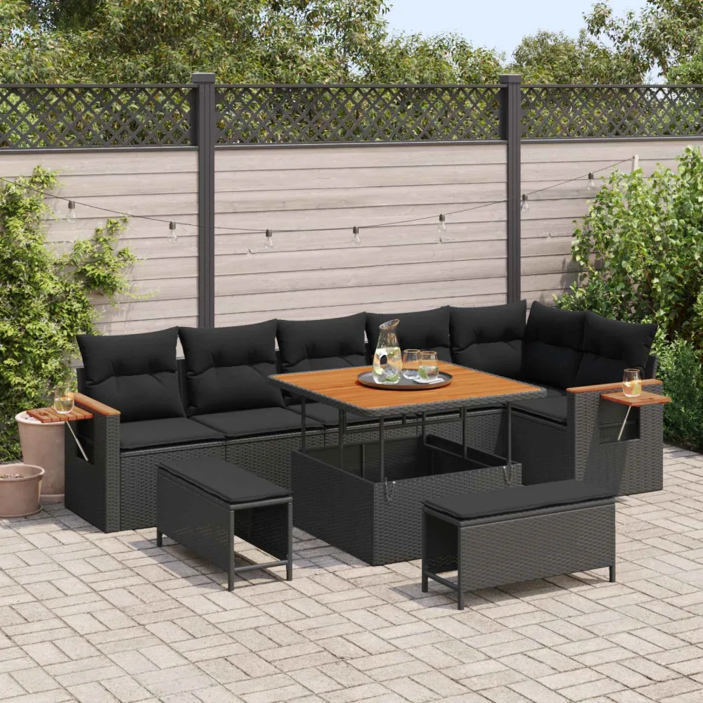 Tuinbankenset 9 pcs Zwart Poly rattan en gepoedercoat staal vidaXL