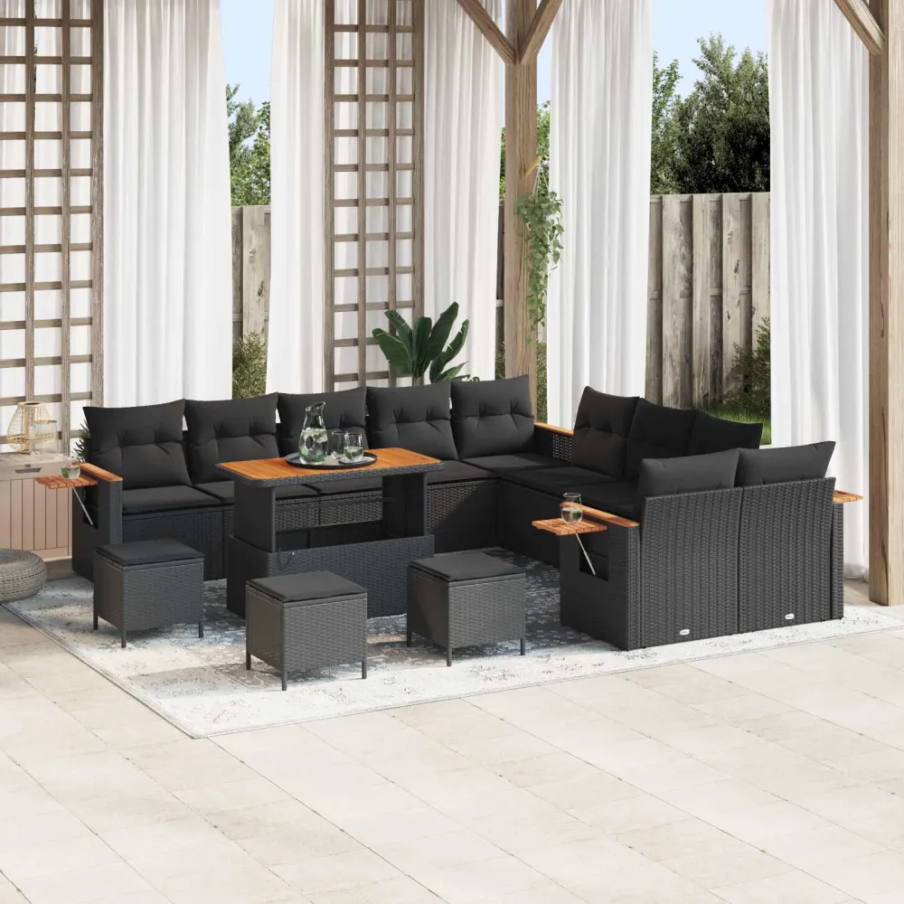 Tuinbankenset 14 pcs Zwart Poly rattan en gepoedercoat staal vidaXL