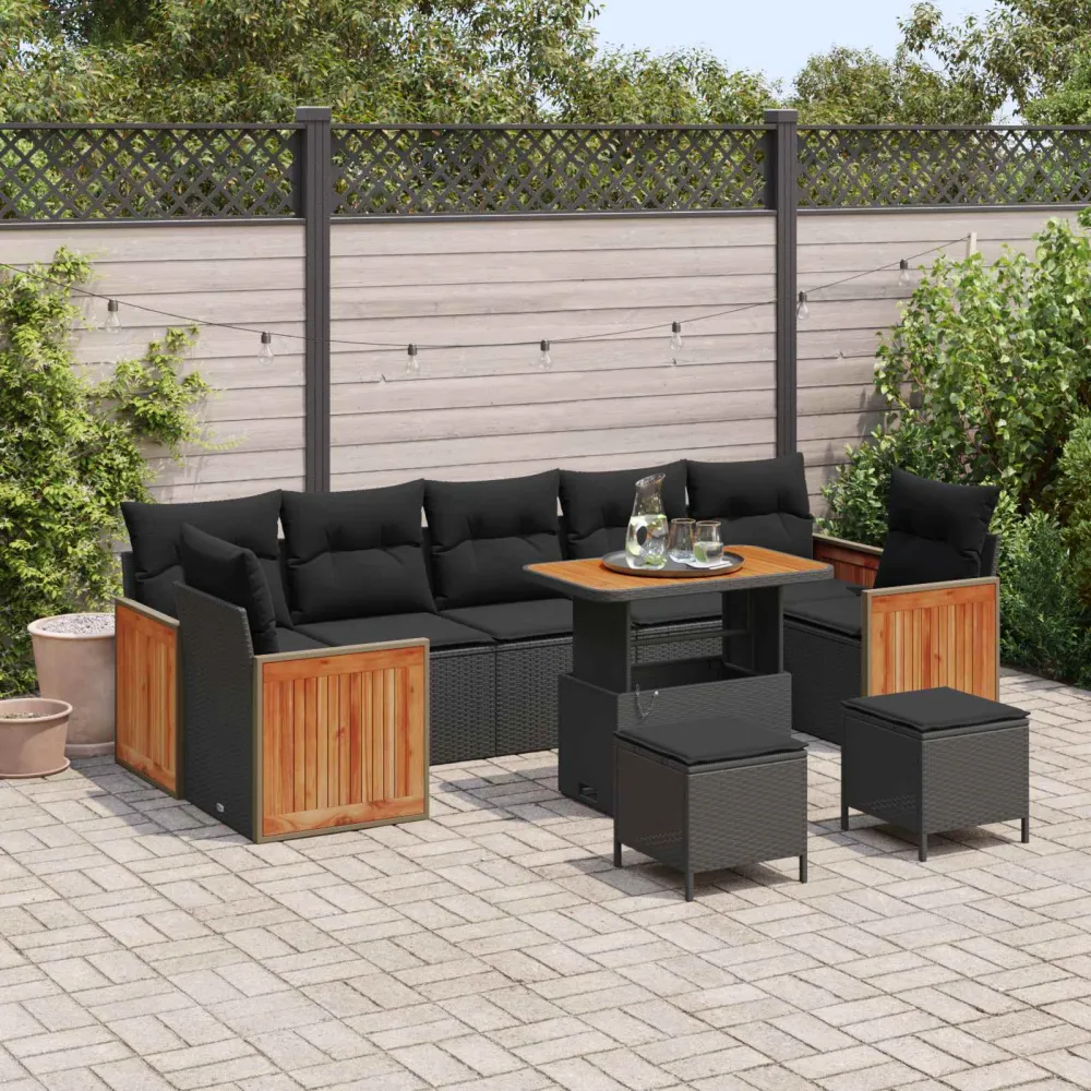 Tuinbankenset 10 pcs Zwart Poly Riet en Poedercoated Staal vidaXL