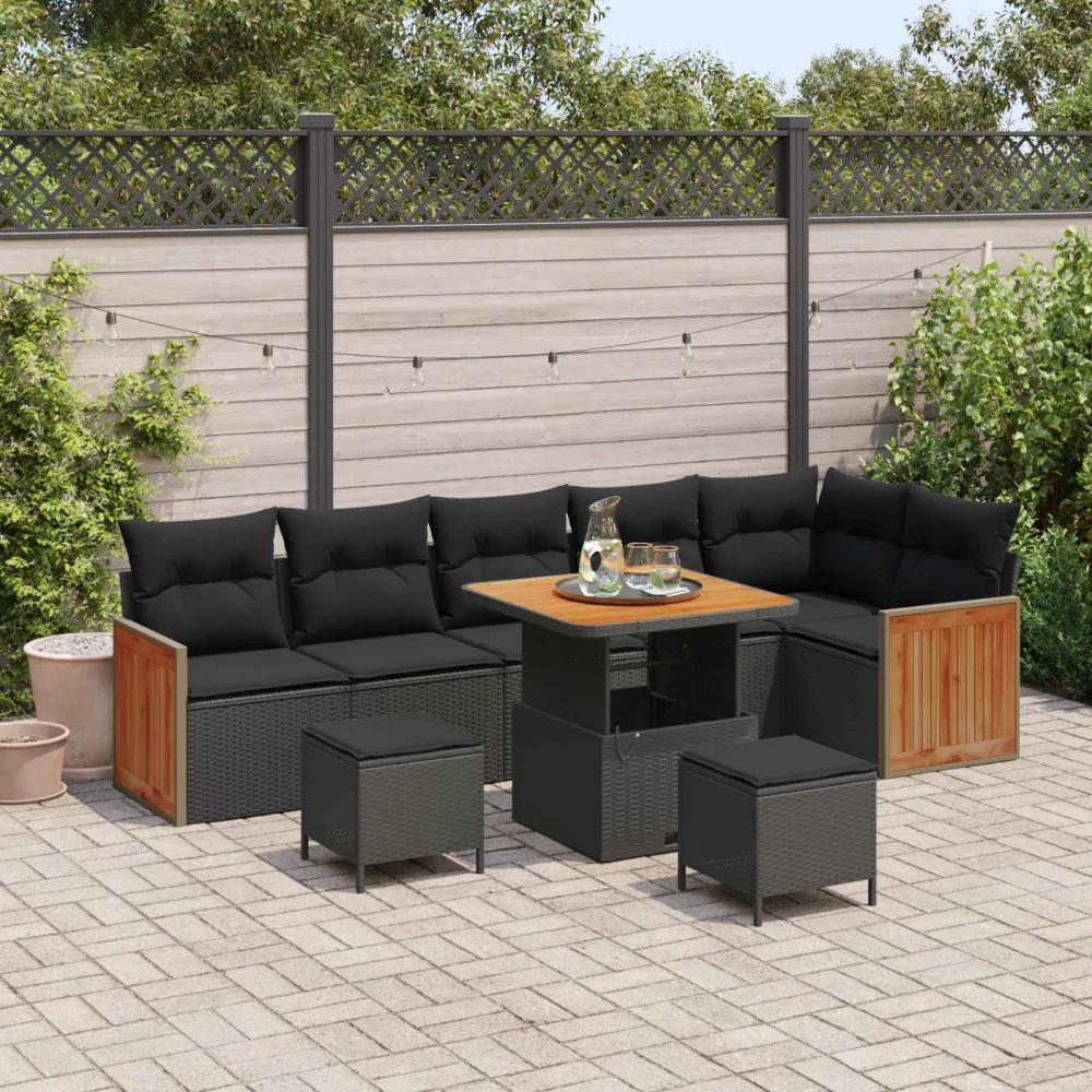 Tuinbankenset 9 pcs Zwart Poly Riet en Poedercoated Staal vidaXL