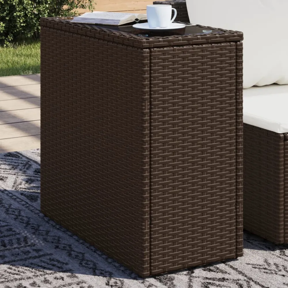 Tuinbijzettafel met glazen blad 58x27,5x55 cm poly rattan bruin vidaXL