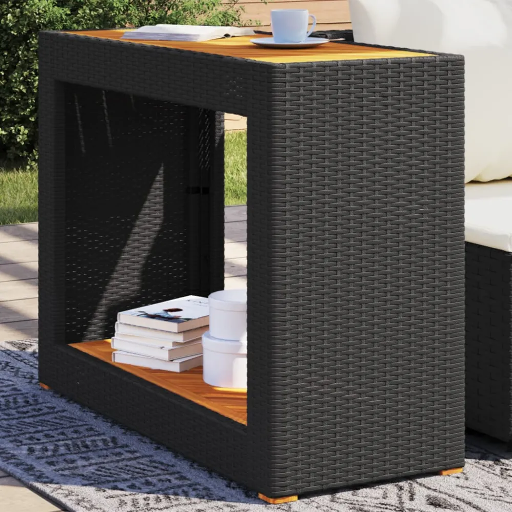 Tuinbijzettafel met houten blad 100x40x75 cm poly rattan zwart vidaXL
